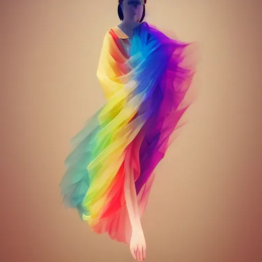 Prompt: Floating rainbow, fabric, ribbons, converging to form a human body, space, awe inspiring, realistic, artstation