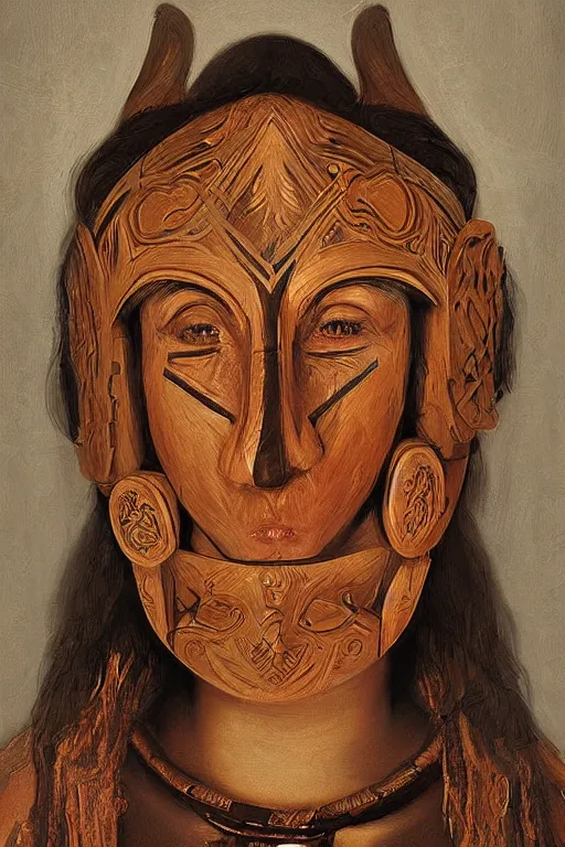 Prompt: portrait, headshot, digital painting, an beautiful shaman lady in slavic angular carved wood mask, realistic, hyperdetailed, chiaroscuro, concept art, art by frans hals