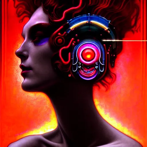 Image similar to extremely psychedelic beautiful cyborg queen of lsd infected by night. intricate, elegant, highly detailed, extremely lifelike photorealistic digital painting, artstation. steichen, gaston bussiere, tom bagshaw, cyberpunk alphonse mucha. elegant minimalism. anatomically correct. sultry. sharp focus. black, red accents. surreal lush hallucination