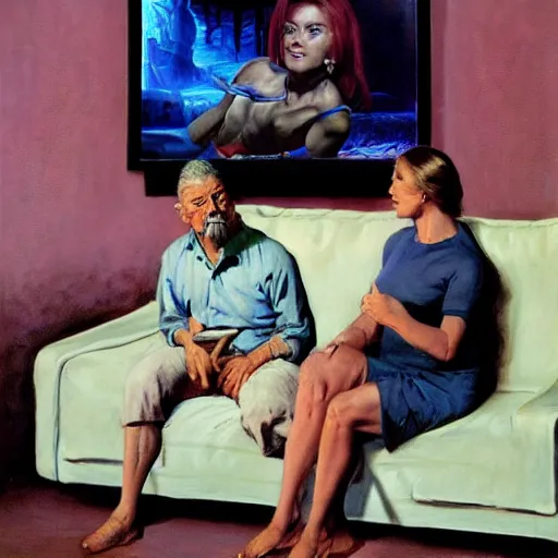 Prompt: well entertained happy white couple being lobotomized watching television, by frank frazetta, jeff easley, realistic, dramatic lighting, fantastic reality, 8 k resolution