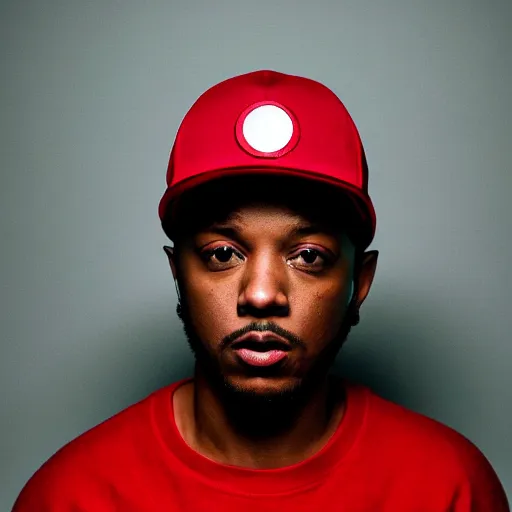 Image similar to kendrick lamar wearing mario hat, red hat with white circle and red m, studio lighting