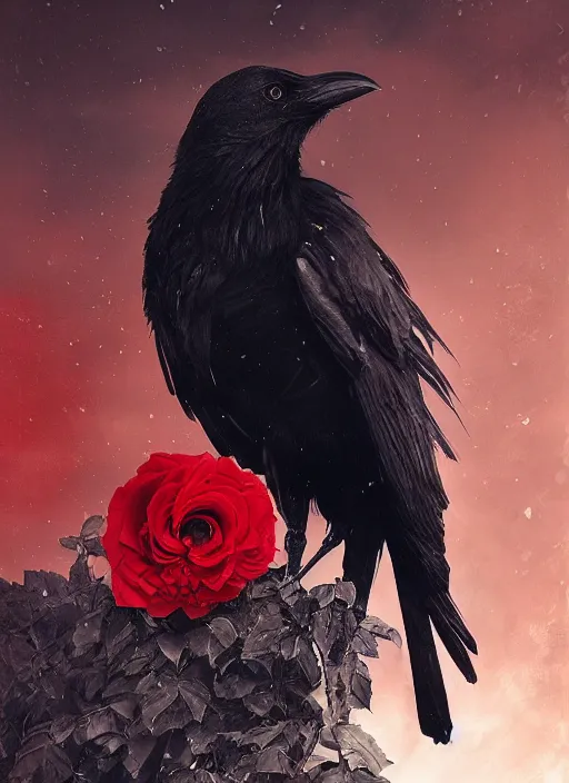 Image similar to red color details, portrait, A crow with red eyes in front of the full big moon, book cover, red roses, red white black colors, establishing shot, extremly high detail, foto realistic, cinematic lighting, by Yoshitaka Amano, Ruan Jia, Kentaro Miura, Artgerm, post processed, concept art, artstation, raphael lacoste, alex ross, portrait, A crow with red eyes in front of the full big moon, book cover, red roses, red white black colors, establishing shot, extremly high detail, foto realistic, cinematic lighting, by Yoshitaka Amano, Ruan Jia, Kentaro Miura, Artgerm, post processed, concept art, artstation, raphael lacoste, alex ross