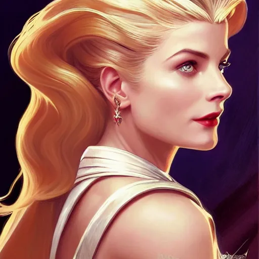 Image similar to A combination of Grace Kelly's and Katheryn Winnick's and Ashley Greene's faces as She-Ra, western, D&D, fantasy, intricate, elegant, highly detailed, digital painting, artstation, concept art, matte, sharp focus, illustration, art by Artgerm and Greg Rutkowski and Alphonse Mucha