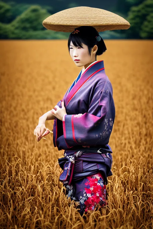 Image similar to japanesse farmer, cinematic view, bokeh, extreme detailed, hyperrealism, vogue photo style, proffesional photographer style, proportional, dynamic composition, face features, comfort posse, smooth, sharp focus, body features, ultra realistic, award winning photo, captured by nikon d 8 5 0, 4 5. 7 mp lens, 4 k, full body.