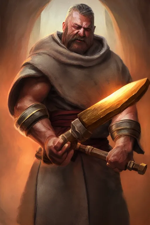 Prompt: strong man with draconic face features, wearing a simple robe, holding a war hammer, highly detailed, d & d, fantasy, highly detailed, digital painting, trending on artstation, concept art, sharp focus, illustration, global illumination, shaded, art by artgerm and greg rutkowski and fuji choko and viktoria gavrilenko and hoang lap