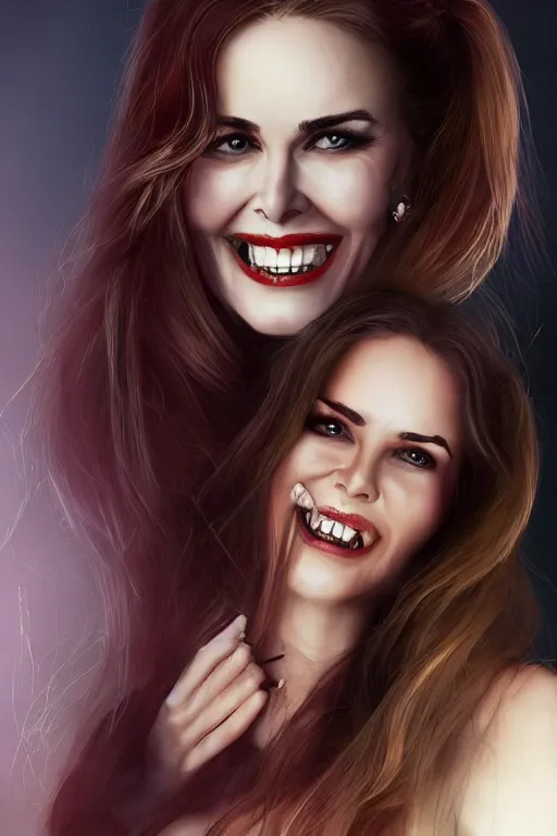Image similar to mix of beautiful young maria shriver, mariel hemmingway, brooke shields, nicole kidman and elle macpherson as a vampire showing vampire teeth, ready to bite, thin lips, hair tied up in a pony tail, dark blonde hair, colorful, artstation, cgsociety