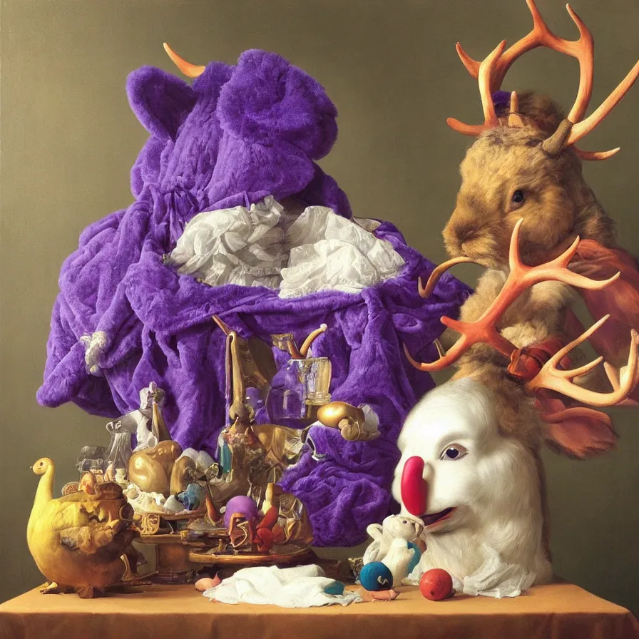 Image similar to rare hyper realistic portrait painting by dutch masters, studio lighting, brightly lit purple room, a blue rubber ducky with antlers laughing at a giant crying rabbit with a clown mask