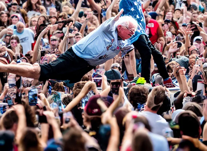 Image similar to photo still of bernie sanders at vans warped tour!!!!!!!! at age 8 0 years old 8 0 years of age!!!!!!! stage diving into a crowd, 8 k, 8 5 mm f 1. 8, studio lighting, rim light, right side key light