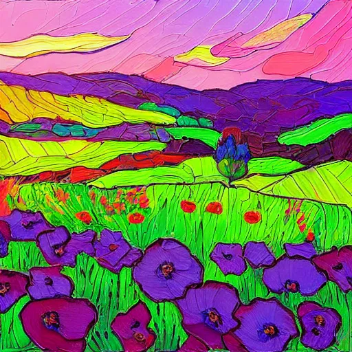 Prompt: a field of poppy flowers and lilac in front of rolling hills during sunset, art by erin hanson
