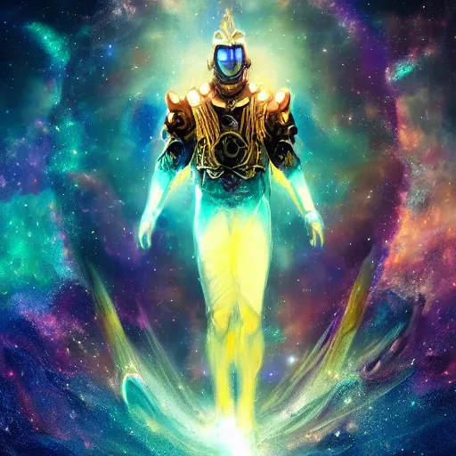 Image similar to photorealistic fantasy cosmic concept art of a cosmic god with armor made out of planets and dark matter, hovering in a unknown galaxy, fully body portrait, cinematic, dynamic lighting, ultra detailed, creative, trending on art station, stunning visuals, creative