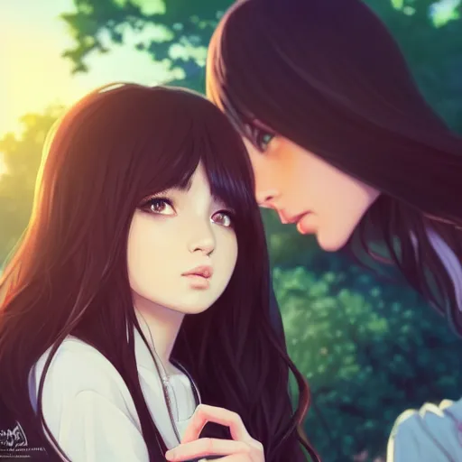 Image similar to a beautiful girl with long dark hair, sitting in the park next to her younger brother who has dark hair, sunset, evening, sharp focus, intricate, digital painting, artstation, official media, anime key visual, highly detailed, rich vivid colors, ambient lighting, illustration, art by Artgerm, Makoto Shinkai, Ilya Kuvshinov, Lois Van Baarle, and Rossdraws