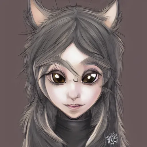 Image similar to headshot of young female furry, D&D, cute, fantasy, intricate, long hair, dark grey skin, mouse face, mouse nose, dark skin, mouse head, mouse ears, black hair, elegant, highly detailed, cartoony, artstation, concept art, smooth, sharp focus, illustration, art by Diives