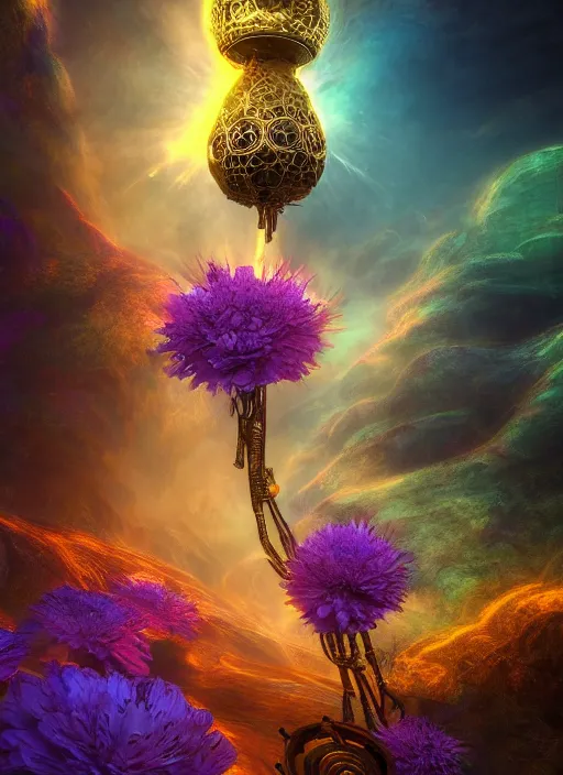 Image similar to flowers within the whole infinite capsule apparent with awe the apparition, an idea seep's into infinity highly detailed in volumetric latent space, golden turquoise steampunk, high contrast cinematic light, mystical shadows, sharp focus, divine realm of gods, octane render, artist by boris vallejo,