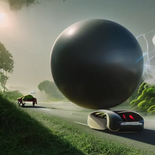 Image similar to a spherical car driving down the road with a tyrannosaurus rex and humans dancing in the background, smoky, green hills, many interstellar plants, futuristic concept design, airy landscape, high detail rendering by octane, unreal engine, 8 k, cinematic grade.