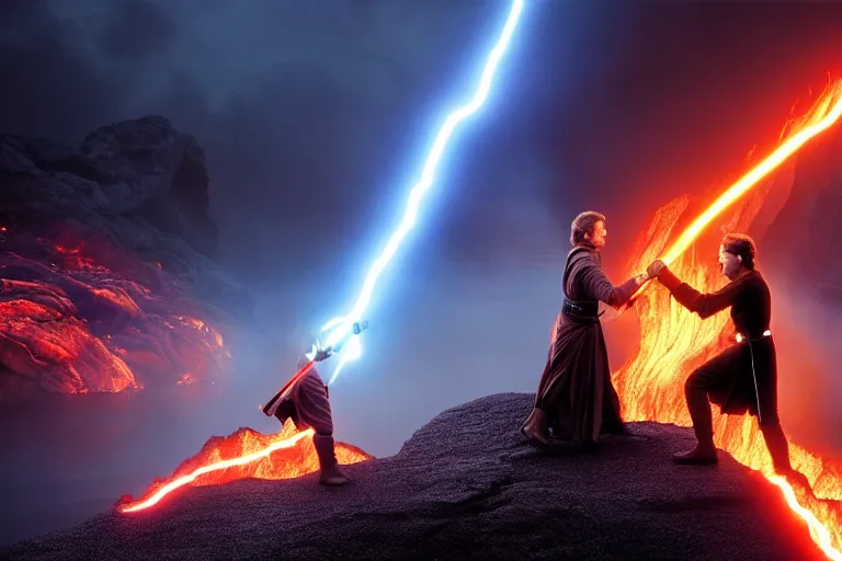 Image similar to an ultra realistic, cinematic shot, of anakin skywalker fighting obi wan kenobi, fire, facial features, background of a lava river, with rain and lightning, detailed, deep focus, movie still, dramatic lighting, ray tracing, by michal karcz and yoshitaka amano