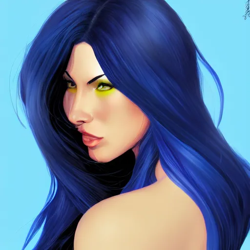 Image similar to a stunning upper body portrait of a beautiful woman with raven blue hair blowing in the wind by marvel comics, digital art, trending on artstation