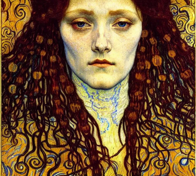 Image similar to detailed realistic beautiful young medieval queen face portrait by jean delville, gustav klimt and vincent van gogh, art nouveau, symbolist, visionary, gothic, pre - raphaelite, muted earthy colors, desaturated