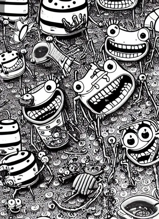 Prompt: junji ito style spongebob squarepants, intricate, highly detailed, illustration, art by junji ito, junji ito