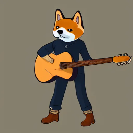 Prompt: shiba inu man, anthropomorphic, Anthro, furry, plays guitar, Artstation