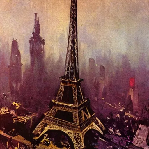 Prompt: eiffel tower in post apocalyptic paris , painting by frazetta