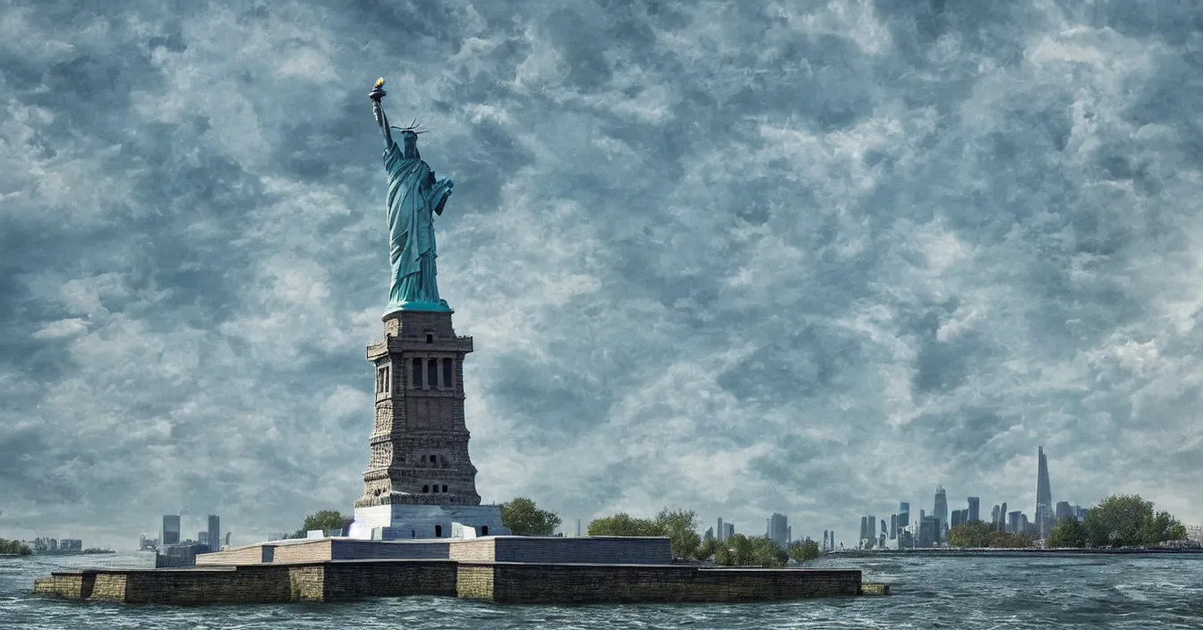 Image similar to imagination of the statue of liberty broke free from its pedestal and jumped into the water, realistic digital art, composition