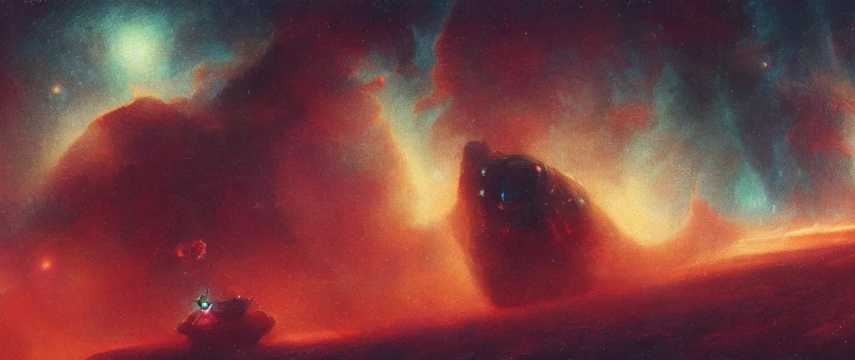 Image similar to lone industrial!!! spaceship!!, deepspace exploration!!!, flying, ridley scott universe, beksinski, floating!!! in a nebula, the final frontier, illustrative!!, apparent brush strokes, hyperdetailed, sketch, cinematic lighting, 4k, wide angle, trending on artstation, ((neon colors))