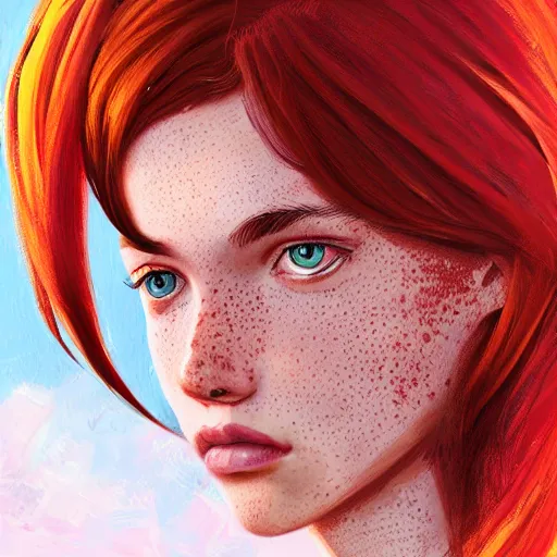 Prompt: portrait of a teen girl with freckles with long red hair and bright brown eyes, 8 k, highly detailed, digital painting, artstation, sharp focus, illustration