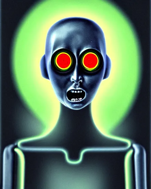 Image similar to scary portrait of a female robot with glowing eyes, similar to the scream drawing by Edvard Munch