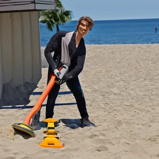 Image similar to anakin skywalker vacuuming the beach to remove sand