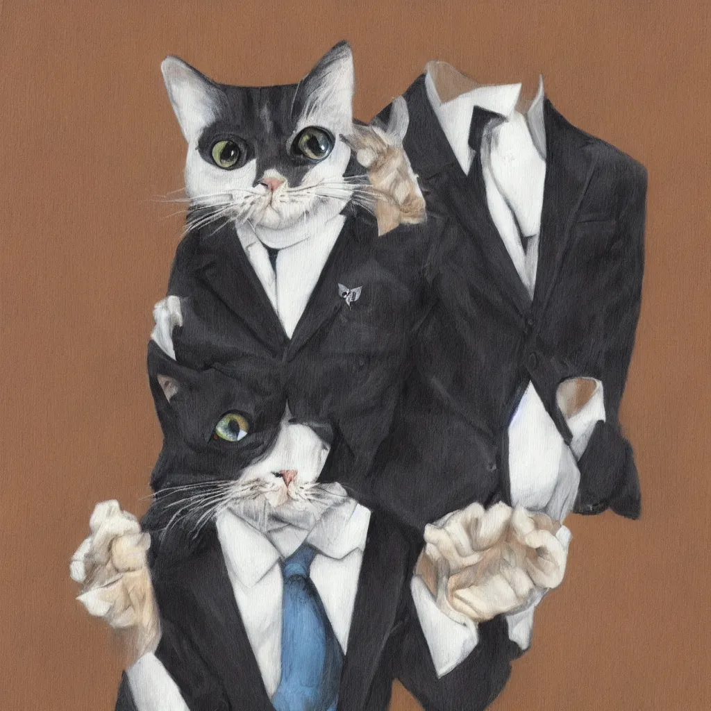 Prompt: a cat wearing a suit, artwork by lori earley