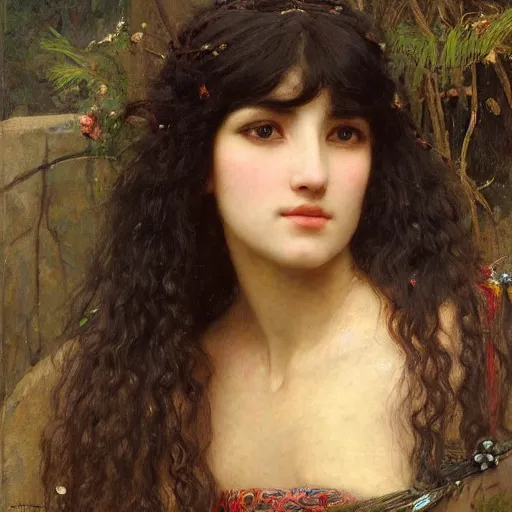 Prompt: orientalist portrait of a woman with thick black bangs and curls sitting outside sandstone ruins intricate artwork by john william waterhouse and Edwin Longsden Long and Theodore Ralli and Henryk Siemiradzki. trending on artstation, very coherent symmetrical artwork high detail 8k