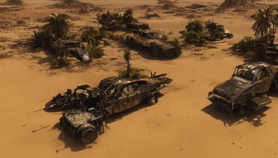 Image similar to tropical island in mad max, no water, desolation, hyperdetailed, artstation, cgsociety, 8 k