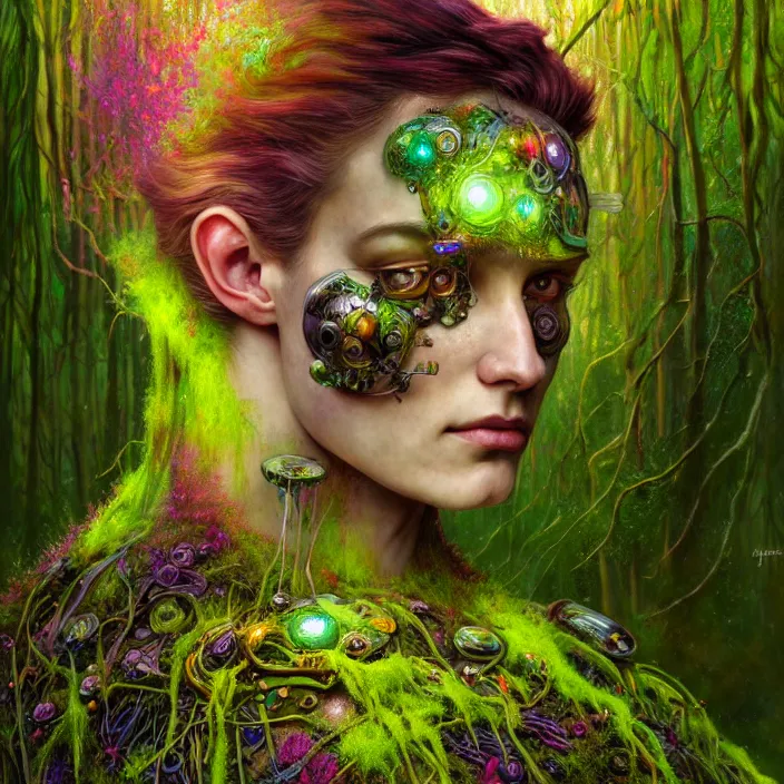 Image similar to bright psychedelic portrait of organic cyborg covered in moss in an ancient forest, diffuse lighting, fantasy, intricate, elegant, highly detailed, lifelike, photorealistic, digital painting, artstation, illustration, concept art, smooth, sharp focus, art by John Collier and Albert Aublet and Krenz Cushart and Artem Demura and Alphonse Mucha