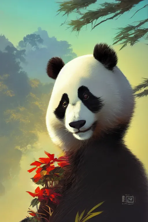 Image similar to portrait of a panda, tooth wu, dan mumford, beeple, wlop, rossdraws, james jean, marc simonetti, artstation giuseppe dangelico pino and michael garmash and rob rey and greg manchess and huang guangjian and makoto shinkai