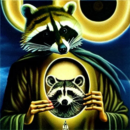 Prompt: racoon - hierophant blessing people in style of dali