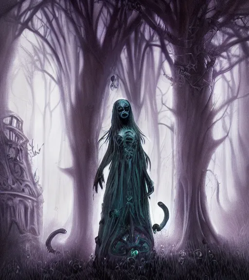 Image similar to gothic dead beautiful female witchs, digital painting, liminal eerie midnight backlit, a picture taken by Daniel Dos Santos and Michael Komarck