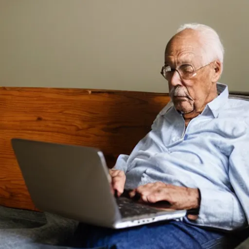 Image similar to elderly man sitting inside a casket browsing internet on laptop from a casket casket