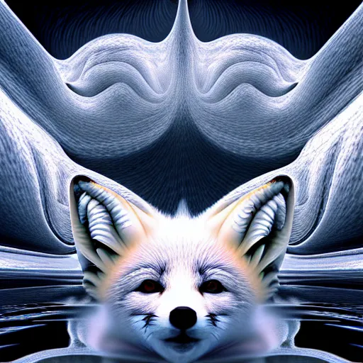 Prompt: hyperrealism photography computer simulation visualisation of parallel universe cgi anime scene with white fox by caravaggio rendered in mandelbulb 4 d