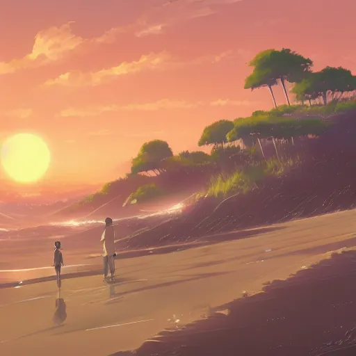 Prompt: beautiful, detailed digital painting of a alien world with unknown structures and technology on the beach and looking at the sunset, anime by makoto shinkai, sand, waves, trending on artstation