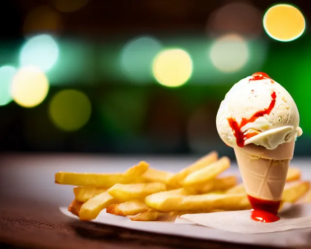 Prompt: dslr food photograph of vanilla ice cream with ketchup on, a leaf of basil on the ice cream, french fries on the side, bokeh, 8 5 mm f 1. 4
