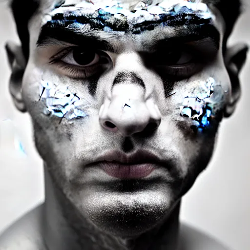 Image similar to a close up portrait of a beautiful athletic young persian male with his face covered in silver leaf , photographed by erwin olaf, artistic