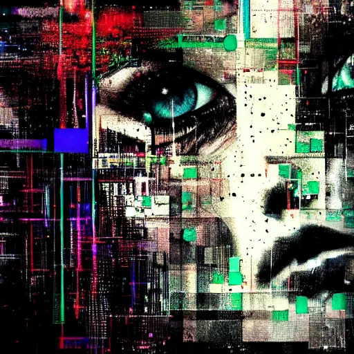 Image similar to portrait of a hooded beautiful women, mysterious, glitch effects over the eyes, shadows, by Guy Denning, by Johannes Itten, by Russ Mills, glitch art, hacking effects, chromatic, cyberpunk, color blocking, oil on canvas, concept art, abstract