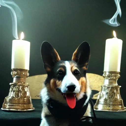 Image similar to gothic cathedral, finely detailed corgi wearing goth makeup, candles, smoke, glow