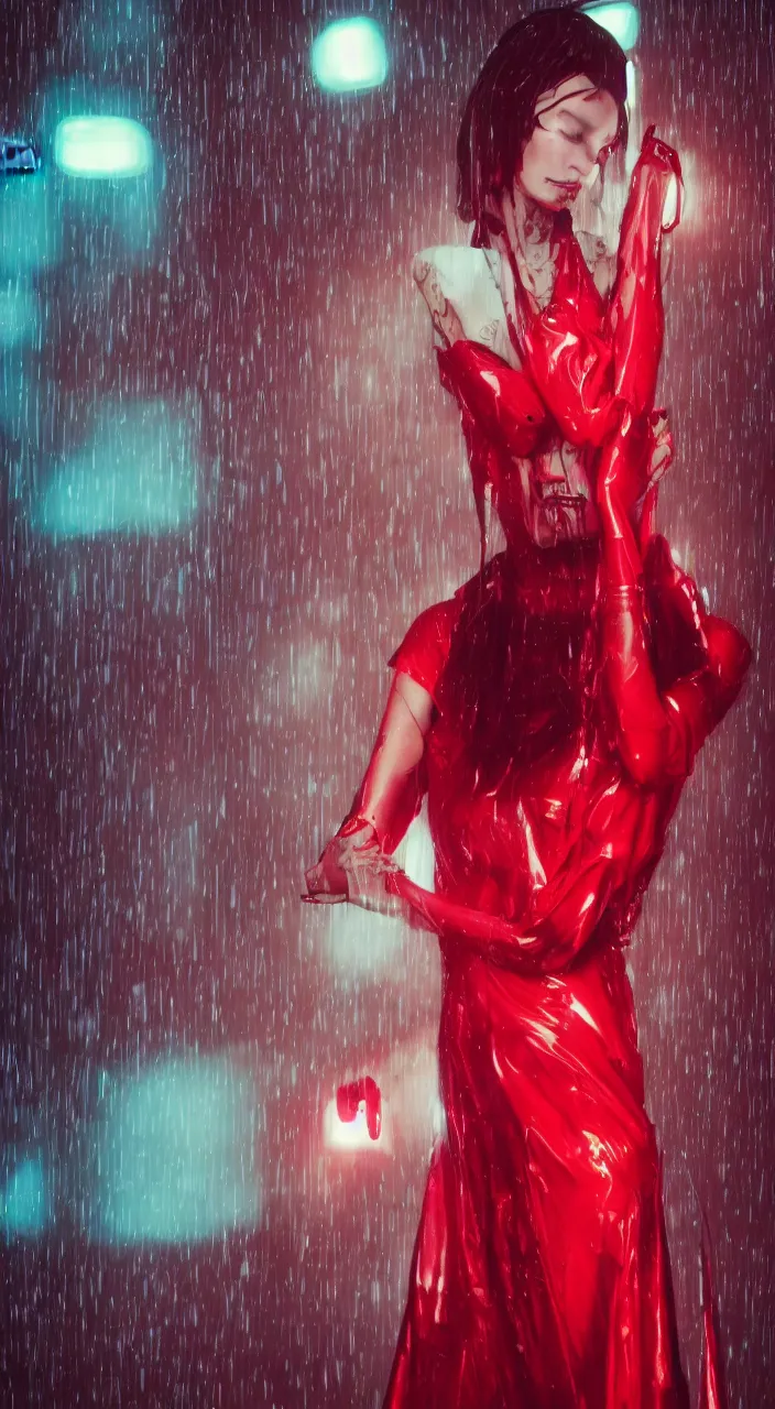 Image similar to woman, android, cyberpunk, artificial limbs, tattoos, neon light, hard light, glamour, vogue photoshoot, fashion, long dress, red dress, raindrops, rain, wet, make - up, leaky make - up, red lipstick