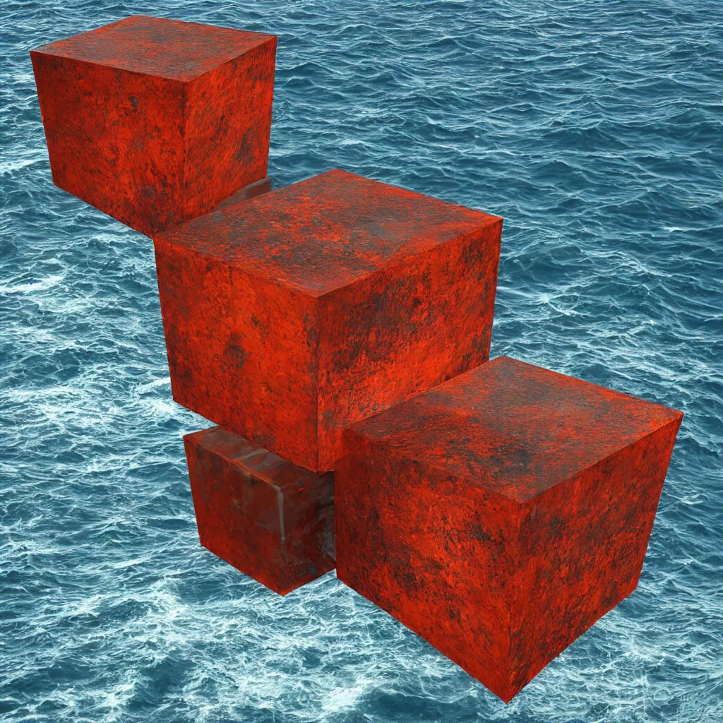 Image similar to an art instillation of a cube in the middle of the ocean, slightly rusting, made by richard sera, 8k photograph, highly detailed