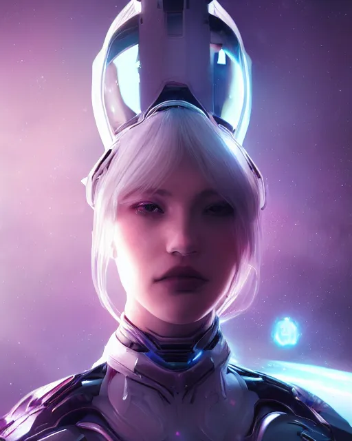 Image similar to perfect android girl on a mothership, warframe armor, beautiful face, scifi, futuristic, galaxy, nebula, raytracing, dreamy, long white hair, blue cyborg eyes, sharp focus, cinematic lighting, highly detailed, artstation, divine, by gauthier leblanc, kazuya takahashi, huifeng huang