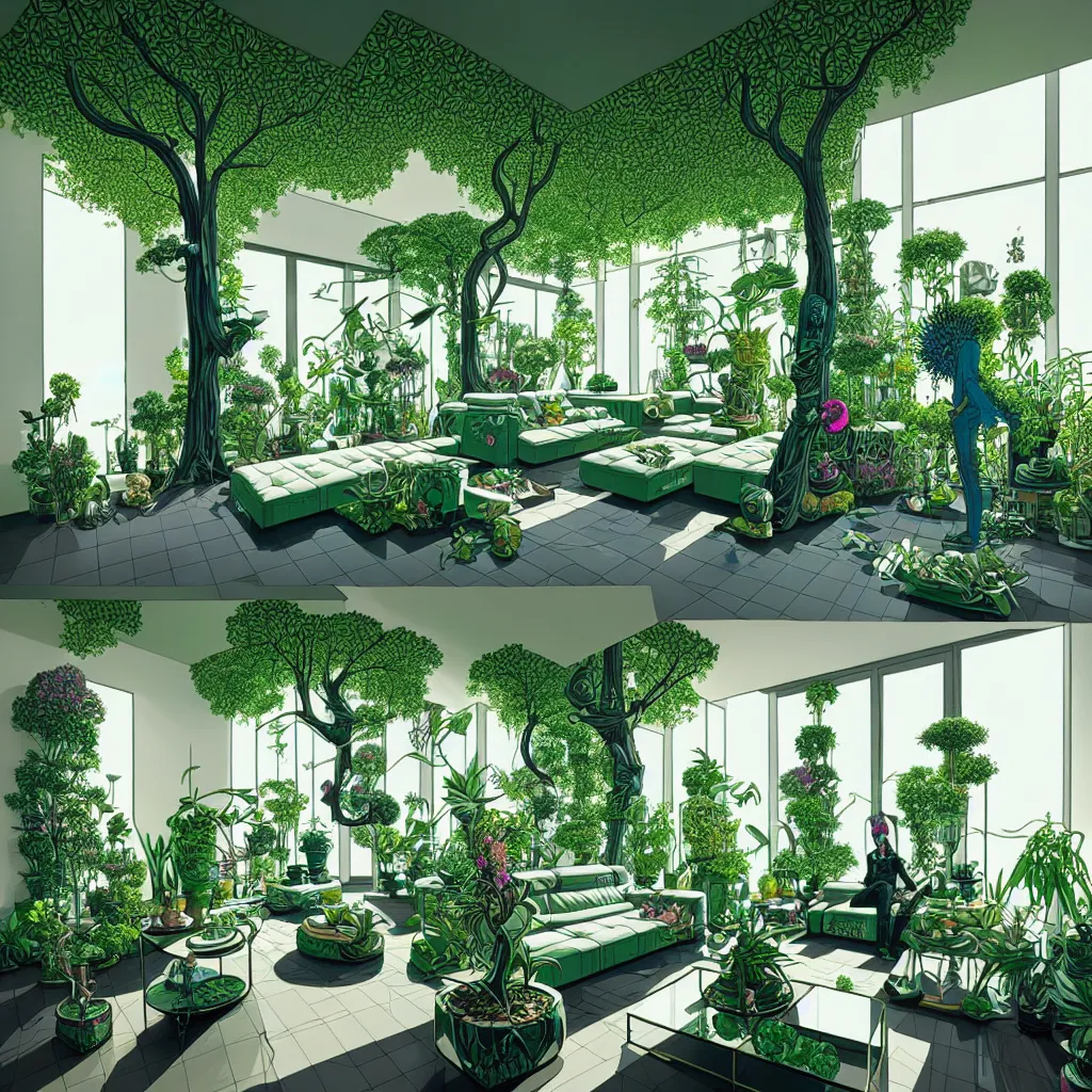 Image similar to luxury living room full of plants and trees by josan gonzalez