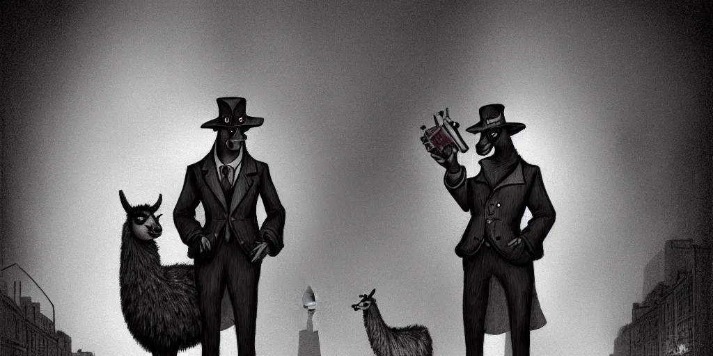 Prompt: a personified anthro llama ( with llama face ) wearing a 1 9 4 0's noire detective outfit, standing in the streets of chicago at night looking at a crime scene, d & d, fantasy, intricate, artstation, sharp focus, illustration, gustave dore, caravaggio,