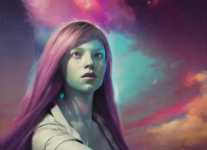 Prompt: a girl with rainbow hair standing in a sci - fi spaceship, official art, by jeremy lipking, by artgerm, realistic expressive oil painting, cgsociety, anime style, detailed spaceship interior, movie still