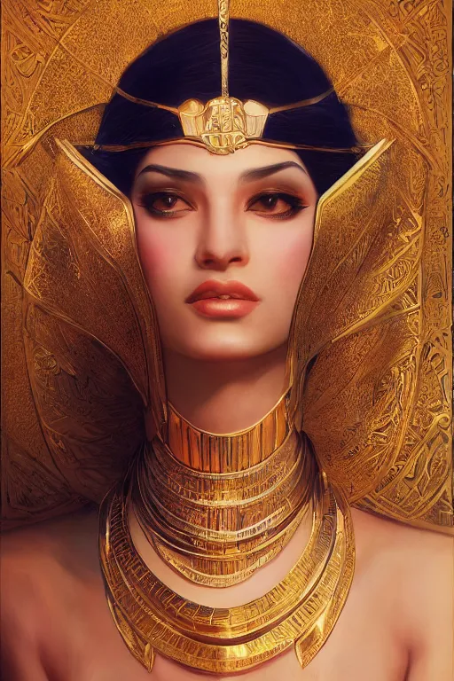 Image similar to Saba Mubarak as egyptian princess, gorgeous, portrait, powerful, intricate, beautiful, masterpiece, elegant, volumetric lighting, digital painting, highly detailed, artstation, sharp focus, illustration, Hajime sorayama, ruan jia